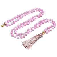 108 8mm Kunzite Beaded Knotted Japamala Necklace Meditation Yoga Spirit Jewelry celet Set Tassel Golden Lotus Charm for Women