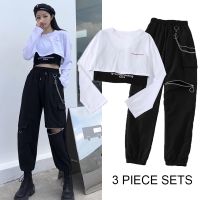 【DT】hot！ Fashion Jogger 3 Piece Sets 2021 New Waist Pants with Chain Streetwear Hip Hop Sleeve Crop