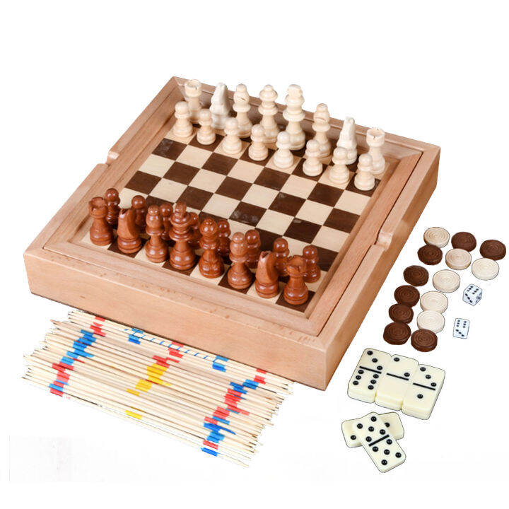 Wood Board Games Wooden Chess Set With Storage Drawer 5 In 1 Checkers ...