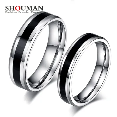 SHOUMAN Stainless Steel Black Line Simple Finger Couple Rings for Women Mens Wedding Band Cool Lover Jewelry