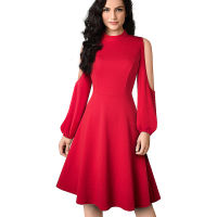 Nice-forever Winter Vintage Solid Color with Cold Shoulder Retro Dresses Cocktail Party Women Flared A-Line Dress A224