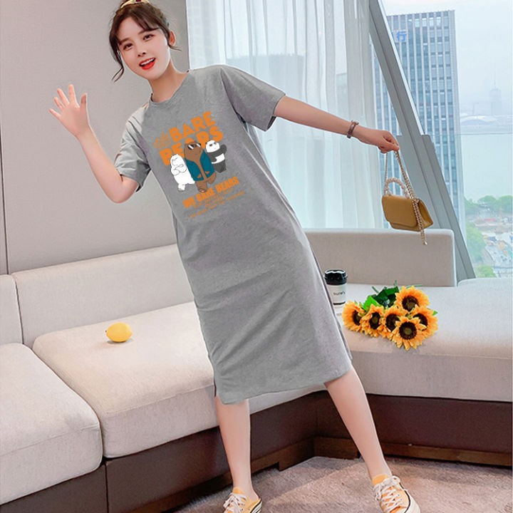 q243-กระโปรงเกาหลีของผู้หญิง-เดรสเสื้อยืดพิมพ์ลายทรงหลวมกระโปรงฤดูร้อน
