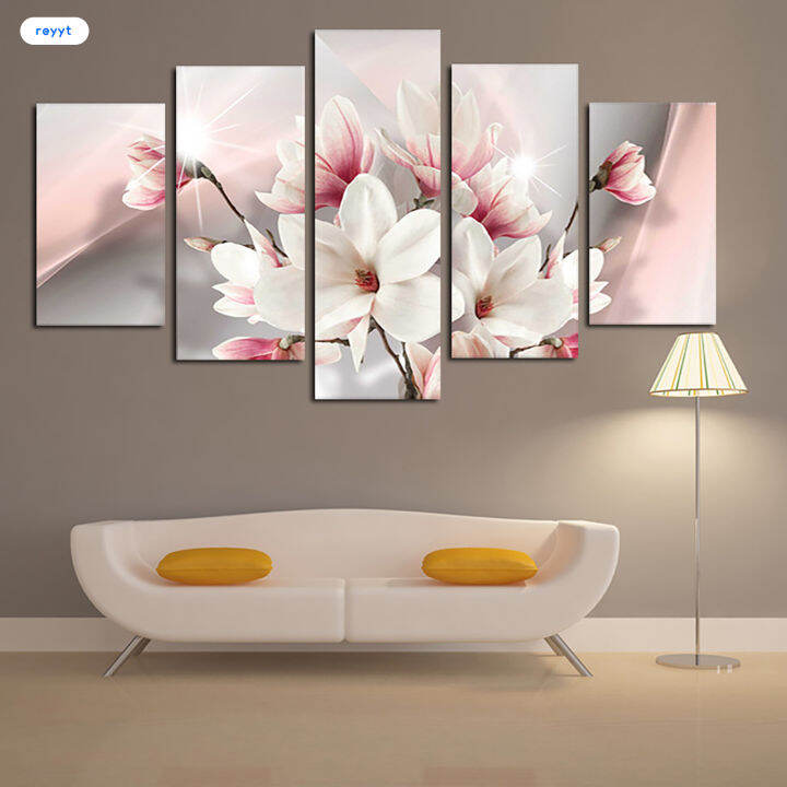 ghj-โปสเตอร์ศิลปะบนผนังลายดอกไม้ผ้าพิมพ์ตกแต่งธรรมชาติสีชมพูสำหรับโรงแรมห้องอาหารในห้องครัวสำนักงาน5ชิ้น