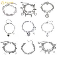 COD DSFERGWETERW Punk Silver Heart Bracelet for Women Fashion Pearl Pendant Multilayer Bracelets Jewelry Accessories Gift