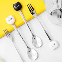 Creative Cartoon Small Spoon Stainless Cute Cat Spoon Ceramic Handle Stainless Steel Fruit Fork Ice Cream Coffee Spoon Simple Serving Utensils