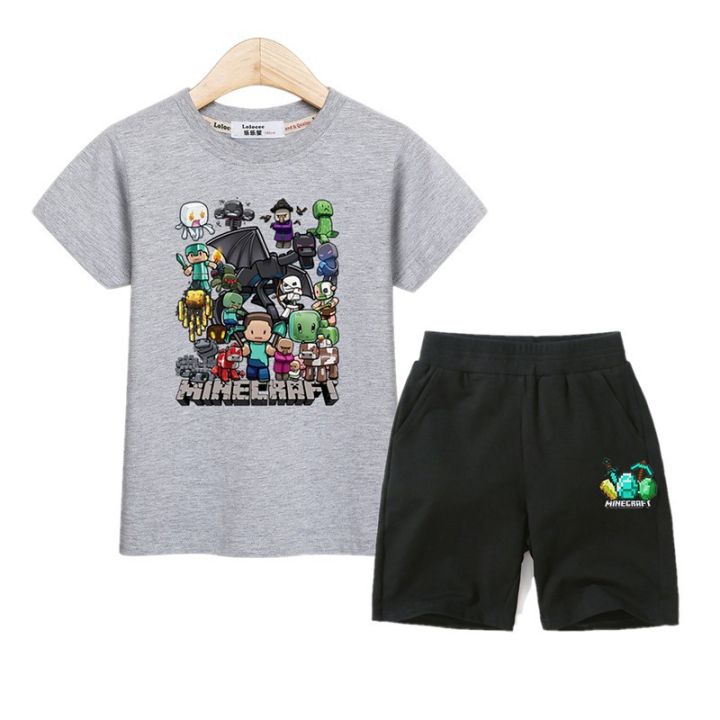 เสื้อผ้า-minecraft-เด็กเสื้อยืดและกางเกงขาสั้น-2-piece-suit-kid-clothes-minecraft-boy-set