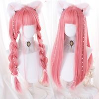 HOUYAN long straight synthetic wig girl pink bangs lolita cosplay wig natural black brown wig bangs heat-resistant party Wig  Hair Extensions Pads