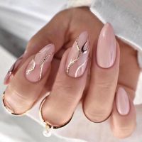 24pcs Long Almond French Fake Nails Yellow Flowers Glitter Wavy Lines Pink False Nails Art Tip Press on Nail