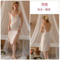 2023 Hot Summer Simplicity Thin Ice Silk Pajamas Vintage Buckle Slit Slip Nightdress Womens Homewear Suit 3445