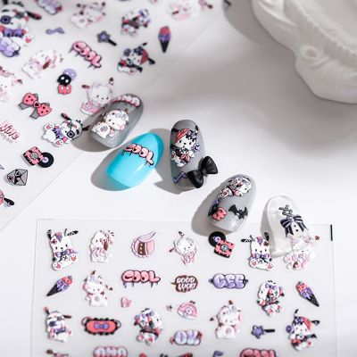 ┇ Sanrio Embossed Nail Stickers Pochacco Anime Cartoon Personality Transparent Stickers Thin Tough Back Glue Nail Stickers