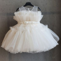 Toddler Girls Solid Princess Party Dress for 1 St Birthday Party Gown White Flower Girls Fluffy Wedding Costume for Baby