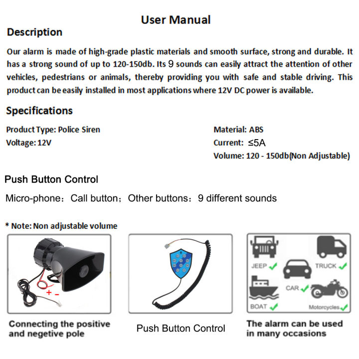 ลำโพงฮอร์นไซเรนในรถ100w-9เสียง12v-พร้อมที่ยึดตะขอฟังก์ชั่นการโทรแตรอิเล็กทรอนิกสัญญาณเตือน120-125db-สำหรับยานพาหนะรถยนต์รถจักรยานยนต์