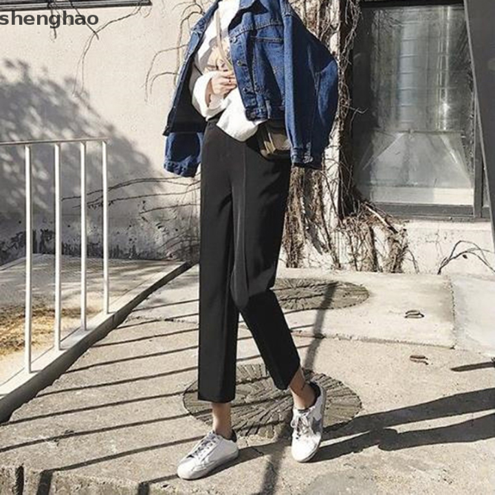 shenghao-ทวีดกางเกงผู้หญิง2023ใหม่เอวสูงกางเกงหัวผักกาดกับเก้าขาตรงสูทกางเกง