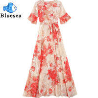 2022 Fashion Women Dress Women Dress Bright Flower Printed V-neck Short-sleeved Waist-slimming Western-style Breathable Long Skirt for Wommen Casual Formal Wearing