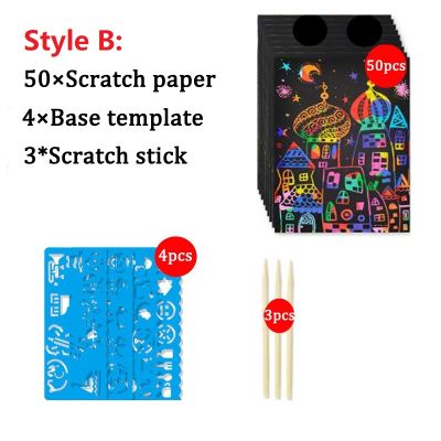 50 Sheets Scraping Painting Papers Kids DIY Craft Drawing Magic Rainbow Color Scratch Art Paper Card Set with Graffiti Stencils