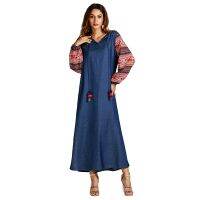 Womens Muslim Middle East Style Autumn And Winter New Large Size Womens Indonesian Dress Lantern Sleeve V Neck Plus Size Oversizes Dress