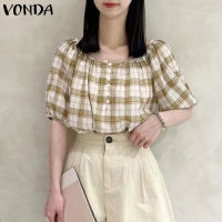 VONDA เสื้อแขนสั้นพองเสื้อยืดคอกลมลำลองเสื้อลายสก็อตแฟชั่นผู้หญิง (ดอกไม้เกาหลี)