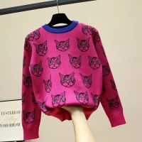 □┋ Fashion Women Sweater Warm Cartoon Cat Jacquard Jumper Long Sleeve Knitwear Autumn Winter Female Casual Pullover Knitted Tops