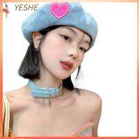 YESHE รักเชอร์รี่ หมวกเบเร่ต์เดนิม สีชมพูอมชมพู ระบายอากาศได้ระบายอากาศ หมวกสำหรับจิตรกร เรโทร ลำลองแบบสบายๆ หมวกเด็กขายหนังสือพิมพ์ สำหรับผู้หญิง