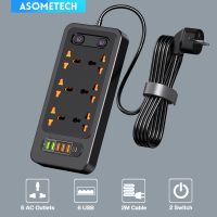 Power Strip 2500W 6 USB 6 AC Outlet 2 Switch Multiprise Portable Extension Socket Plug 2M Cable Universal Power Socket Charger