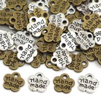 50pcs Flower Metal Label Silver Bronze Handmade Tags Hand Made Pendants Sewing Labels for Clothes Bags Garment Accessories 8x8MM Stickers Labels