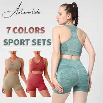 2 Pcs/Set Sport Bra Shorts Suit Halter Neck Slimming Scoop Neck Shockproof  Yoga