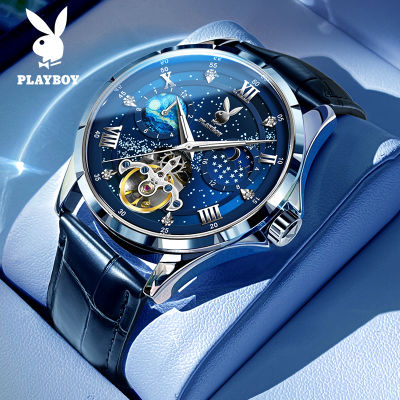 PLAYBOY Genuine Brand Mens Watch Waterproof 2023 New Luxury Fashion Casual Multifunctional Hollow Automatic Mechanical Watch Diamond Sun Moon Phase Luminous Starry Leather Strap Watch Gift