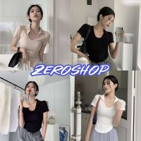 Zero shop?พร้อมส่ง? (Zero-89052) เสื้อไหมพรมแขนสั้น คอปก แหวกน่าอกสุดเซ็กซี่