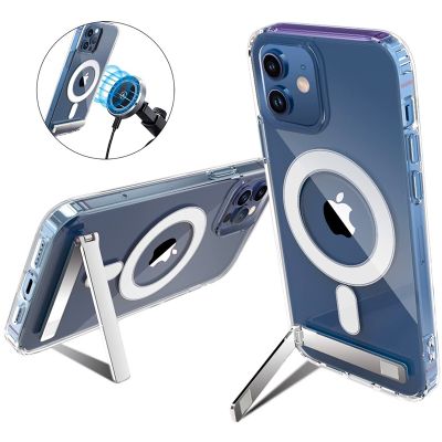 (new style phone case)เคสโทรศัพท์แม่เหล็กใสสำหรับ iPhone 14 Pro Max 13 12 11 Mini พร้อมขาตั้งโลหะสำหรับฝาหลังชาร์จไร้สาย MagSafe