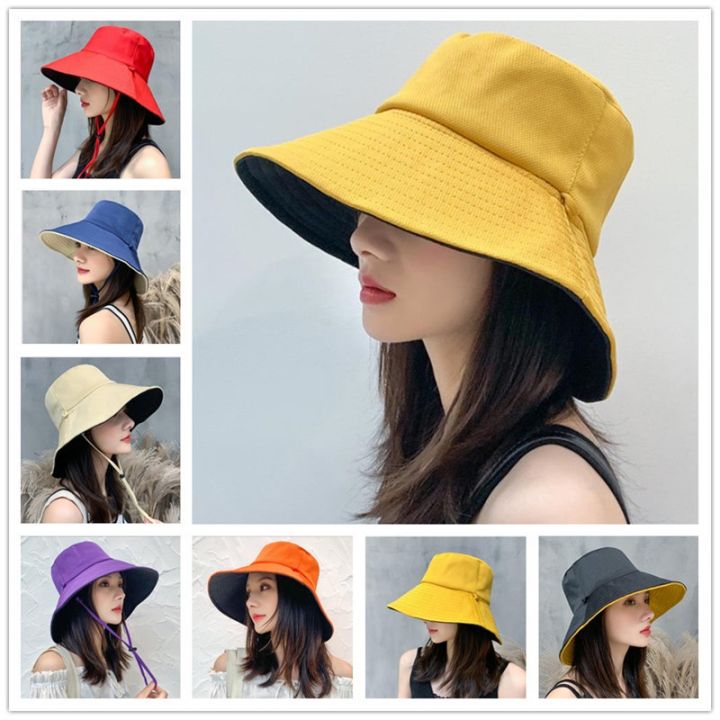 หมวกบัคเก็ต-ใบใหญ่-2สีใน1ใบ-ใส่ได้สองด้าน-มีสายคล้องคาง-big-bucket-hat-2in1