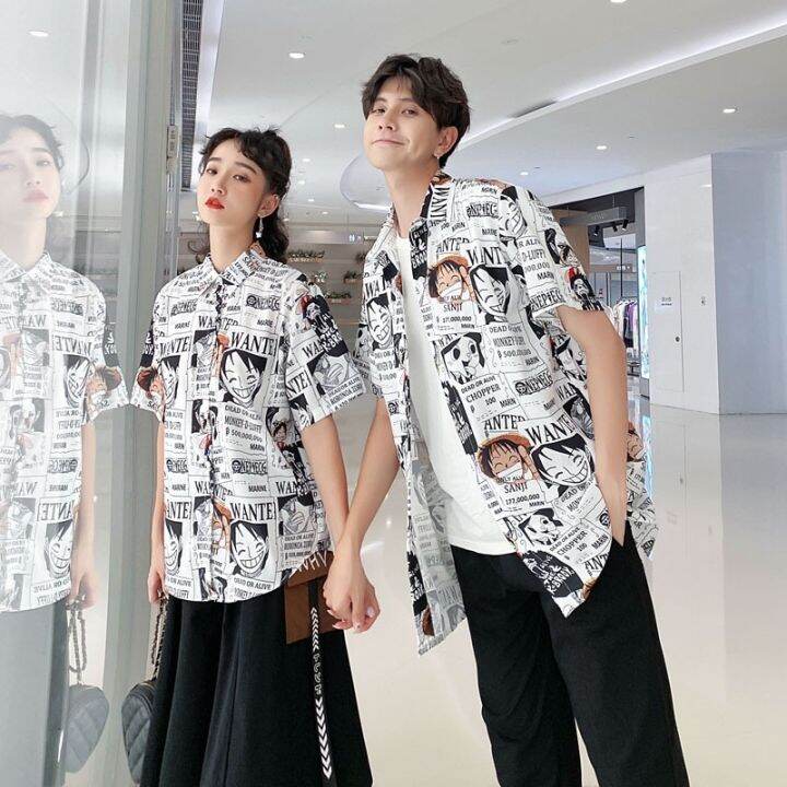 เสื้อเชิ้ตแขนห้าส่วนลําลอง-ทรงหลวม-พิมพ์ลายการ์ตูนลูฟี่-วันพีช-ไฮสตรีท-สไตล์ฮาราจูกุ-แฟชั่นสําหรับผู้ชาย