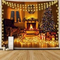 ┅◆ 2023 Happy New Year Tapestry Christmas Fireplace Wall Hanging Cloth Home Background Bedroom Bedside Decorative Xmas Tree Tapiz