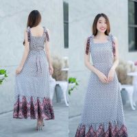 M18675  Maxi dress ผูกไหล่สไตล์โบฮีเมียนสายผูกเองปรับระดับได้ ดีเทลตัดต่อระบายชายกระโปรงด้วยลายผ้า มีซัปใน มีซิปซ่อนด้านหลัง งานสวยเปะปังมากๆ