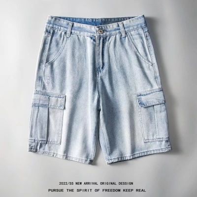 2022 new tooling denim shorts mens tide brand five-point pants retro light blue washed multi-pocket pants summer