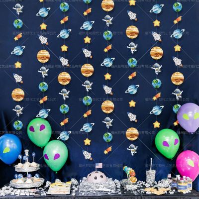 Astronaut Planet Paper Banner String Astronaut Rocket Hanging Pendants Kids Happy Outer Space Theme Birthday Party Decor Props