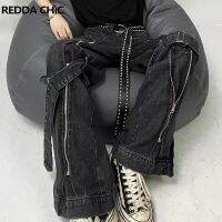 Reddachic Acubi Fashion Pants Black Women Baggy Jeans With Slits Zipper 2-Strip Cyber Y2k Grunge Goth Harajuku Emo Street Style