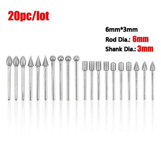 Newacalox 20pcs 3mm Shank Diamond Rotary Grinding Bit Metal Polishing Mini Drill Burrs Bit Set