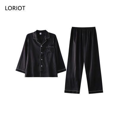 LORIOT Mens Striped Satin Pajamas Set Pyjamas Nightwear Sleepwear Loungewear Long Sleeve Casual Korean SA1417 vmn