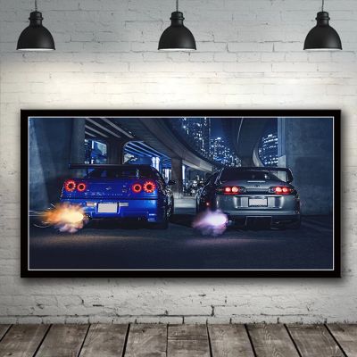 GTR R34 VS Supra ที่ทันสมัยผ้าใบจิตรกรรม HD พิมพ์สำหรับห้องนั่งเล่นตกแต่งบ้านโปสเตอร์