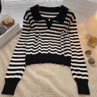 [COD] Striped lapel long-sleeved short knitted sweater womens 2022 early autumn new Korean version loose and thin all-match top