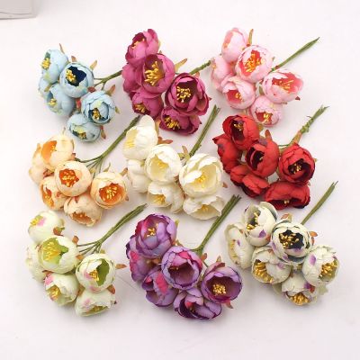 hotx【DT】 6Pcs Artificial Flowers Bud Wedding Decoration Jewelry Accessories Fleurs Scrapbooking Supplies