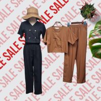 TW14819 Set เสื้อครอปคอวี+กางเกงขายาว ผ้าลินิน SALE