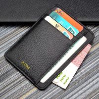 hot！【DT】✠  Cowhide Leather Credit Card Holder Pebble Grain Color Coin Purse Slot Custom NAME