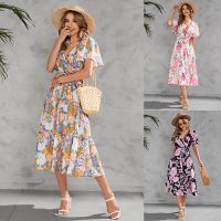 【DT】hot！ Womens Printed V-neck Waistband Mid-length Short-sleeved Nursing Dresses Breastfeeding  Maternity