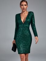 【YF】 Sequined Green Bandage Dress Women Long Sleeve Bodycon Evening Party Elegant Sexy Midi Club Outfits 2022 Autumn Winter