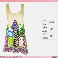 USED - Cream Multicolor Floral Tank Top | เสื้อแขนกุดสีครีม สีฟ้า เสื้อตัวยาว ลายดอก ลายต้นไม้ คอลึก ทรงเอ สายฝอ มือสอง