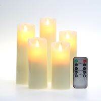 เทียน LED Flameless 5 "5.5" 6 "7" 8 "ชุด 5 Ivory ขี้ผึ้งจริงเสา &amp; ย้ายเปลวไฟ Wick พร้อมรีโมทคอนโทรล 10 ปุ่ม-ttlg4809