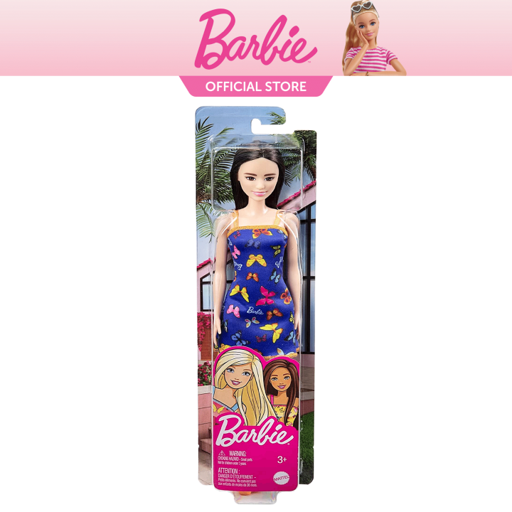 Barbie Fab Basic Doll Blue Dress Butterfly Design Black Hair Blue