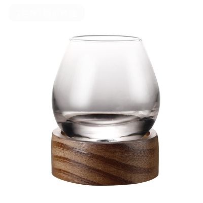 350ML lead free glass cup home drinkware tumbler whiskey glass with wooden holder for Liquor Scotch Bourbon