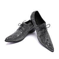 Christia Bella Snake Pattern Men Oxford Shoes Mid Heel Genuine Leather Business Men Dress Shoes Pointed Toe Lace Up Brogue Shoes